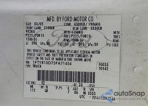 2005 Ford Ranger Xl/Xls/Xlt z USA, uszkodzony, nr VIN 1FTYR10D75PA7A454